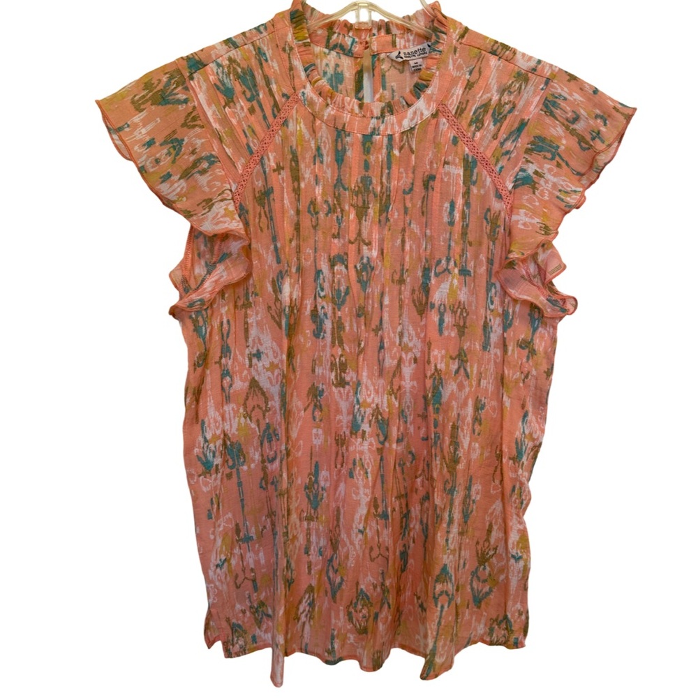Floral Ruffle Sleeve Top - Peach and Green